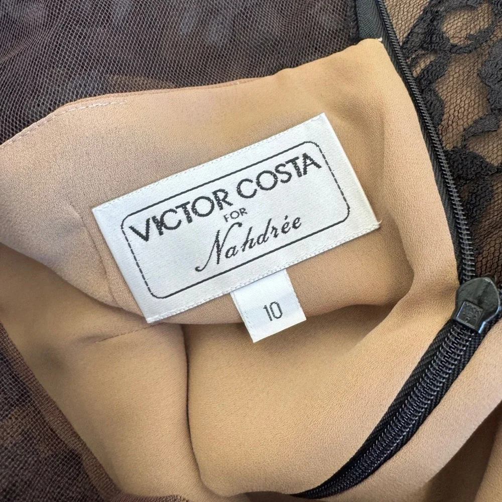 Victor Costa Black Lace Long Sleeve Tiered Mini Dress over Nude Slip - Picture 4 of 14